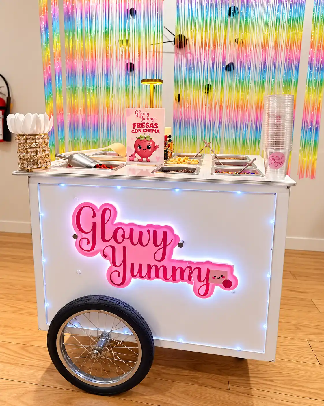 Carrito de vasito de fresas con crema para fiestas y eventos