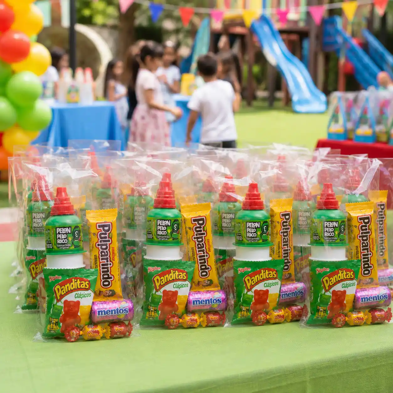 Mesa de snacks con bolsitas listas para evento