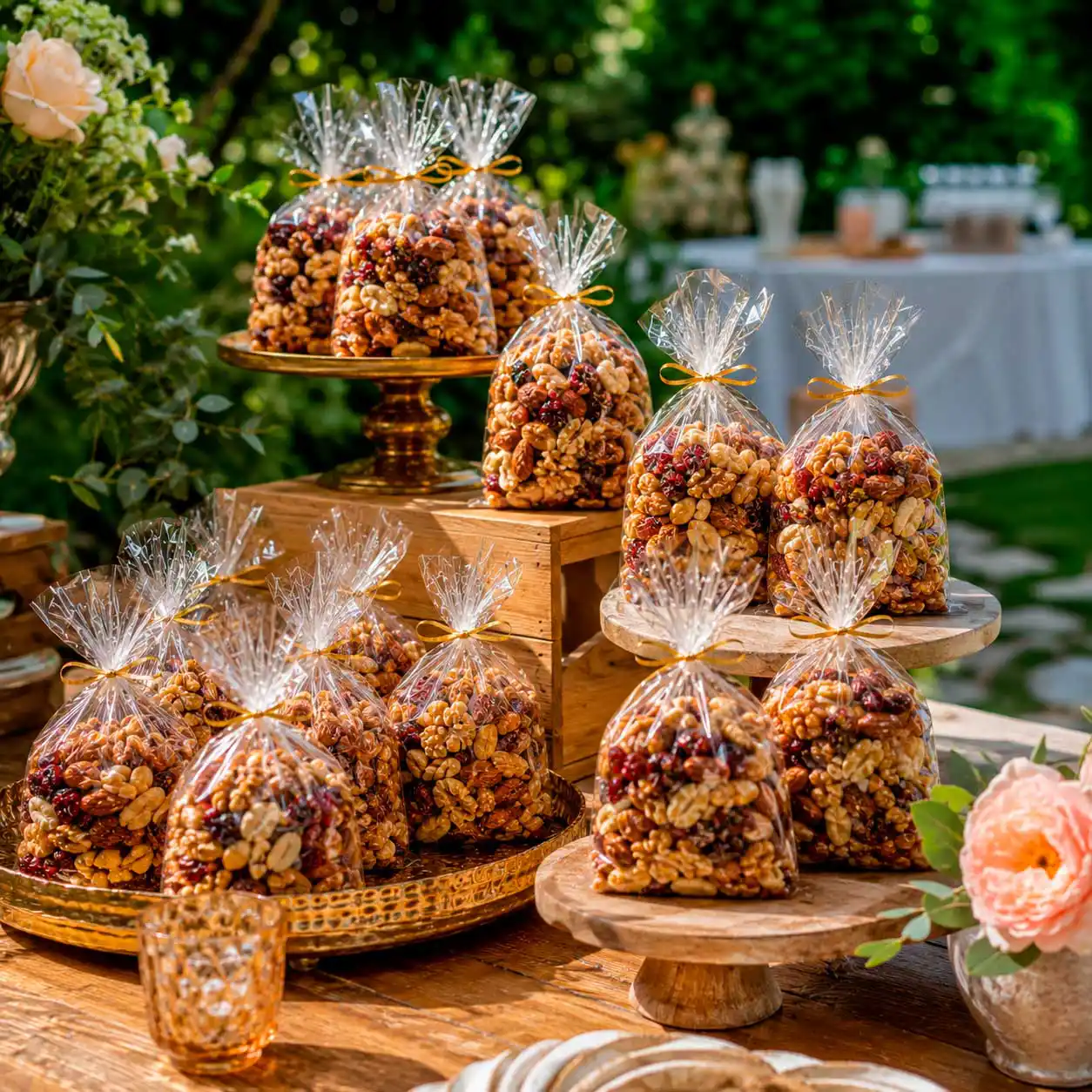 Mesa de snacks con bolsitas de nueces listas para evento