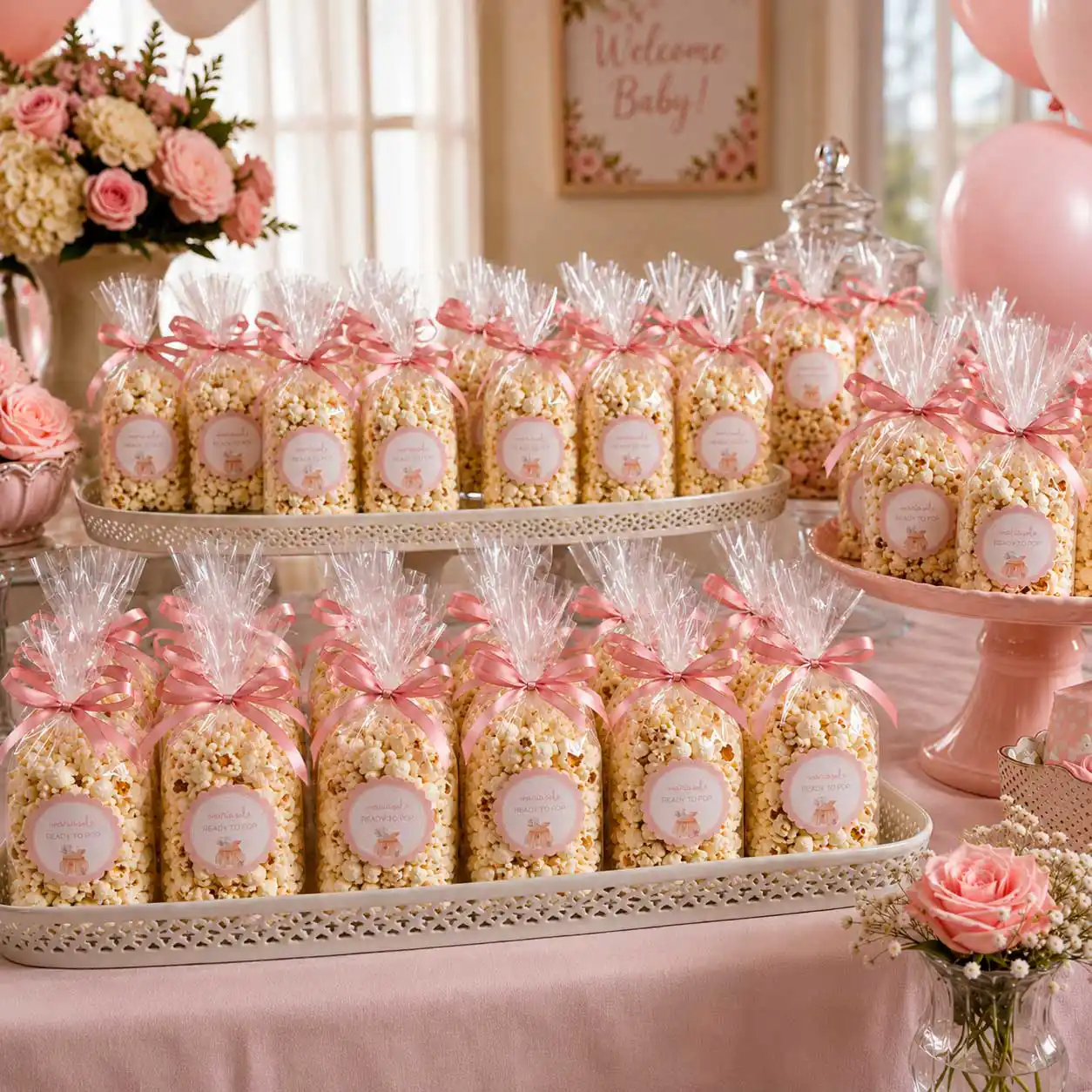 Mesa de snacks con palomitas listas para evento